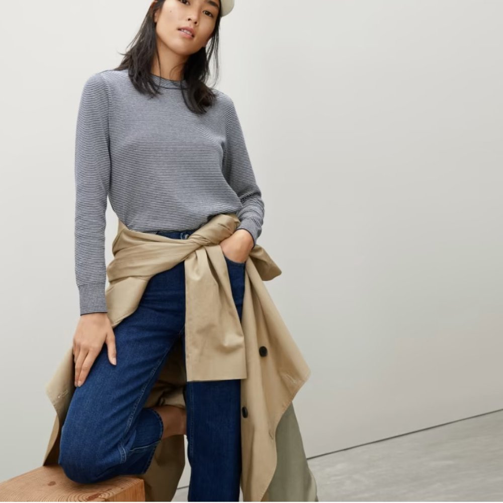 Everlane Organic Cotton Crewneck Sweater in Navy Blue & White Stripe Size M